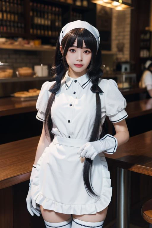 ltra-detailed,highly detailed,best quality,masterpiece,illustration,realistic,photorealistic,
sxkft, waitress, 1girl, solo, cosplay,
twintails, very long hair, bangs,
shirt, puffy short sleeves, white waist apron, gloves,thighhighs, head scarf,
looking at viewer, standing,
photo background, indoors, cafe,
<lora:sxkft_v1_06:0.7>
