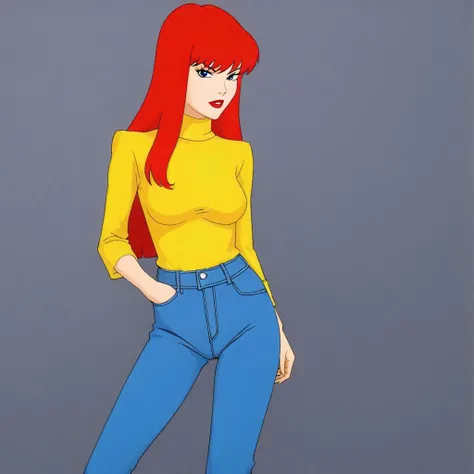 source_anime, 1girl, mary jane, solo, standing, blue jeans, yellow blouse