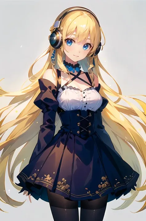 ultra detailed, masterpiece, best quality,
solo,
cowboy shot,
facing viewer,
soft smile, light smile,
1girl, blue eyes, very long hair, blonde hair, long blonde hair, french braid, bangs, medium breasts,
hair ribbon, frilled choker, criss-cross halter, sleeveless dress, high-waist skirt, backless dress, waist bow, detached sleeves, frilled sleeves, wide sleeves, pantyhose, patterned legwear, mary janes, <lora:Headphones:1> Wearing Headphones, headphones,