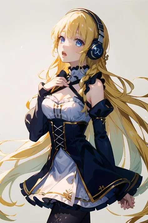 ultra detailed, masterpiece, best quality,
solo, cowboy shot, facing viewer, soft smile, microphone, singing, hands on own chest, looking up, open mouth,
1girl, blue eyes, very long hair, blonde hair, long blonde hair, french braid, bangs, medium breasts,
hair ribbon, frilled choker, criss-cross halter, sleeveless dress, high-waist skirt, backless dress, waist bow, detached sleeves, frilled sleeves, wide sleeves, pantyhose, patterned legwear, mary janes, <lora:Headphones:1> Wearing Headphones, headphones,