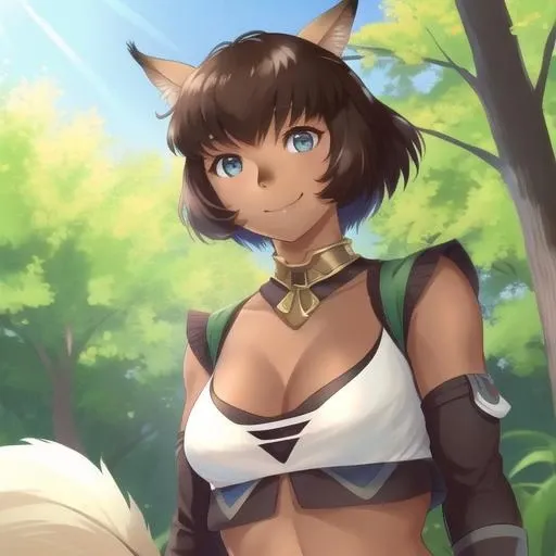 <lora:mithra:1>, m1thr4, 1girl, forest, smiling, tanned skin, brown hair, short bangs