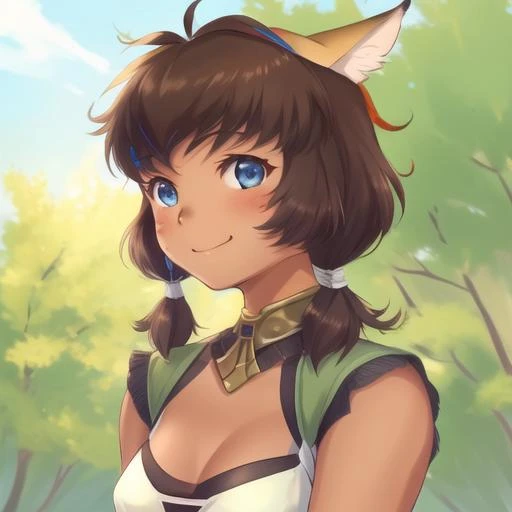 <lora:mithra:1>, m1thr4, 1girl, forest, smiling, tanned skin, brown hair, short bangs, twintails