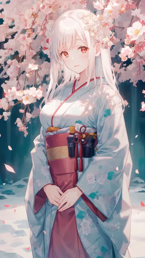 ((white hair:1.2)),((long hair:1.2)),((red eyes:1.2)),big breasts,(straight hair),1girl,solo,<lora:shiromuku:1>,((shiromuku:1.1)),((white kimono:1.1)),(japanese clothes),plum blossoms,snowing,petals,(chromatic aberration:1.2),((arms at sides:1.1)),front view,light smile,light blush,sidelocks,, ((((masterpiece)))),(((hyper detailed))),(((highres))),((good anatomy)),(((best quality))),((an extremely delicate and beautiful)),((an extremely detailed and delicate)),((8k cg wallpaper)),((illustration)), ray tracing,hiten1