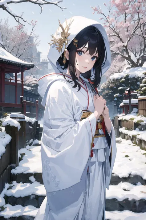 Masterpiece, top quality, solo beauty, standing, black hair, pure white, white kimono, Japan, bust up, white hood, snow, winter, garden, stairs,<lora:shiromuku:0.8>