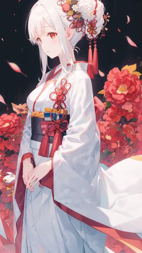 ((white hair:1.2)),((long hair:1.2)),((red eyes:1.2)),big breasts,(straight hair),1girl,solo,<lora:shiromuku:1>,((shiromuku:1.1)),((white kimono:1.1)),(japanese clothes),plum blossoms,snowing,petals,(chromatic aberration:1.2),((arms at sides:1.1)),front view,light smile,light blush,sidelocks,, ((((masterpiece)))),(((hyper detailed))),(((highres))),((good anatomy)),(((best quality))),((an extremely delicate and beautiful)),((an extremely detailed and delicate)),((8k cg wallpaper)),((illustration)), ray tracing,hiten1