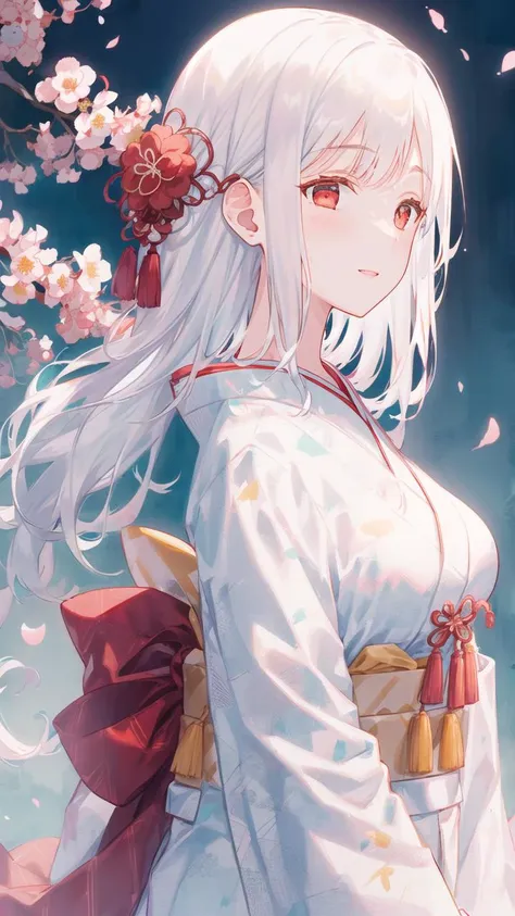 ((white hair:1.2)),((long hair:1.2)),((red eyes:1.2)),big breasts,(straight hair),1girl,solo,<lora:shiromuku:1>,((shiromuku:1.1)),((white kimono:1.1)),(japanese clothes),plum blossoms,snowing,petals,(chromatic aberration:1.2),((arms at sides:1.1)),front view,light smile,light blush,sidelocks,from above,, ((((masterpiece)))),(((hyper detailed))),(((highres))),((good anatomy)),(((best quality))),((an extremely delicate and beautiful)),((an extremely detailed and delicate)),((8k cg wallpaper)),((illustration)), ray tracing,hiten1