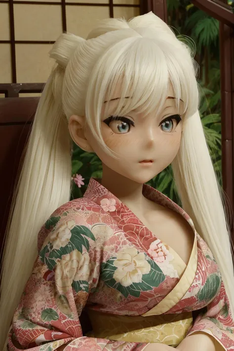 photo of AIDA_LoRA_IrokeAkane as a cute young girl, close up portrait of AIDA_LoRA_IrokeAkane <lora:AIDA_LoRA_IrokeAkane:0.89> as beautiful doll, anime face, young 20yo woman, rich, (wearing kimono, kimono dress, japanese national dress:1.3), golden jewelry, very detailed face, (looking at viewer with love:1.3), (very detailed natural skin with pores), naughty, funny, dolly short, lovely, need love, emotions, happy, playful, flirting with camera, intimate, (long white hair), (Double Ponytail Blonde Hairstyle), kkw-ph1, colorful, (romantic garden setting:1.3), (tropical garden:1.3), (fantasy garden:1.3), stunningly beautiful, dystopian, dark, detailed background