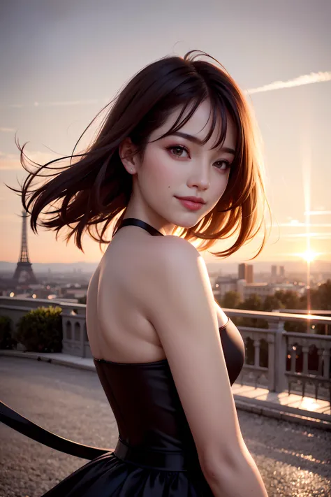 Award winning Photo, RAW photo, best quality, hires, masterpiece, photorealistic, professional photography, sharp focus, HDR, 8K resolution, intricate detail, sophisticated detail, depth of field, extremely detailed CG unity 8k wallpaper, perfect contrast, perfect saturation, natural rim lighting, female tourist posing for a picture, trending on Instagram, vast Paris landscape with (Eiffel Tower) in fabulous (sunset sky) background, (exploding light behind floating hair by wind), wearing strapless short dress, beautiful makeup, blushed face, long eyelashes, double eyelid, , (smiling at lens:1.3), upper body,