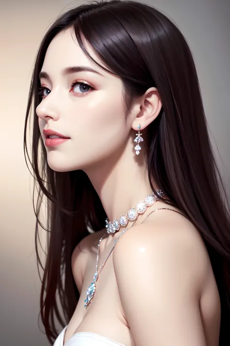 Award winning Face Photo, RAW photo, best quality, hires, masterpiece, photorealistic, professional photography, sharp focus, HDR, 8K resolution, intricate detail, sophisticated detail, depth of field, extremely detailed CG unity 8k wallpaper, cinematic lighting, perfect contrast, perfect saturation, properly adjusted white balance, (side view of extremely close-up face:1.5), (smiling at lens:1.5), beautiful symmetrical eyes, (fabulous feminine makeup), sophisticated light reflection on extremely detailed pupils, (high gloss crimson lips), highly detailed hair, glows soft skin, long eyelashes, double eyelid, (shoulder-baring with necklace and dcolletage), The finest diamond necklace and earing jewelry set from Tiffany & Co.
