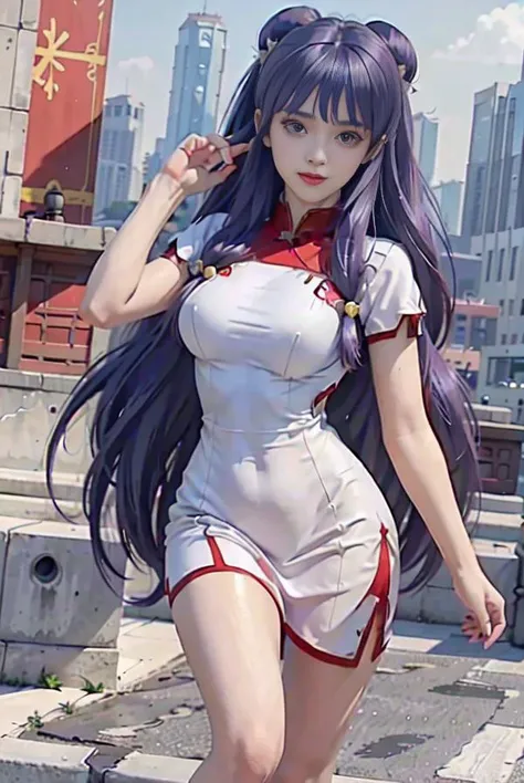best quality, ultra high res, 8k wallpaper, Amazing, finely detail, incredibly absurdres, huge filesize , ultra-detailed, highres, extremely detailed, (8k, best quality, masterpiece:1.2), (realistic, photo-realistic:1.37)
upper body shot,
front lighting, light on face, perfect lighting, outdoors, street,
(detailed beautiful girl:1.4),1 girl, extremely detailed eyes and face, beautiful face, beautiful detailed eyes, slim waist, detail fingers, big eyes,
<lora:ShanpuuRanma:.3><lora:shampoo_character (1):.5> <lora:cuteGirlMix4_v10:.5><lora:3dCGStyleRealistic_v10:.8>, Shampoo, Ranma, ((small_breasts:1)), hair_bell, ((red_china_dress:1.2)), Purple hair, very_long_hair, double_bun,((sidelocks:1.5)), blunt_bangs, Purple eyes, red eye shadow,
<lora:pureInnocentGirl_v20:.3> <lora:realisticLuxuryDress_v10:.1>