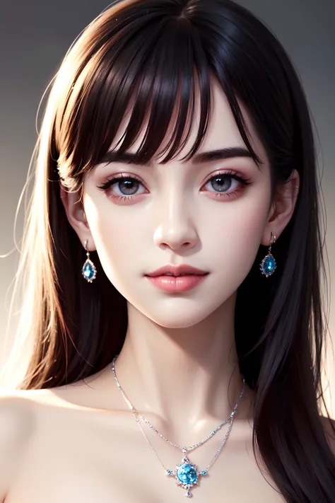 Award winning Face Photo, RAW photo, best quality, hires, masterpiece, photorealistic, professional photography, sharp focus, HDR, 8K resolution, intricate detail, sophisticated detail, depth of field, extremely detailed CG unity 8k wallpaper, front liting+rim lighting, perfect contrast, perfect saturation, properly adjusted white balance, (facial close-up photo), (smiling at lens:1.5), beautiful symmetrical eyes, (fabulous feminine makeup), sophisticated light reflection on extremely detailed pupils, (high gloss crimson lips), highly detailed hair, glows soft skin, long eyelashes, double eyelid, The finest diamond necklace and earing jewelry set from Tiffany & Co., (shoulder-baring with necklace and dcolletage), style-pureerosface_v1