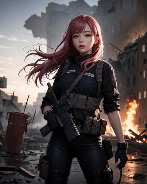 ((masterpiece,ultra-detailed, intricate details, best quality,illustration)), 1girl, solo, 21 years old cute korean girl, outdoors, war zone, battlefield, ruined city, burning buildings, tactical surface fighter, tactical headset, , open clothes, large breasts, long hair, pink hair, floating hair, messy hair, (dirty face:1.2),  thigh holster,  holding handgun, body scar, torn clothes, helicopter away,