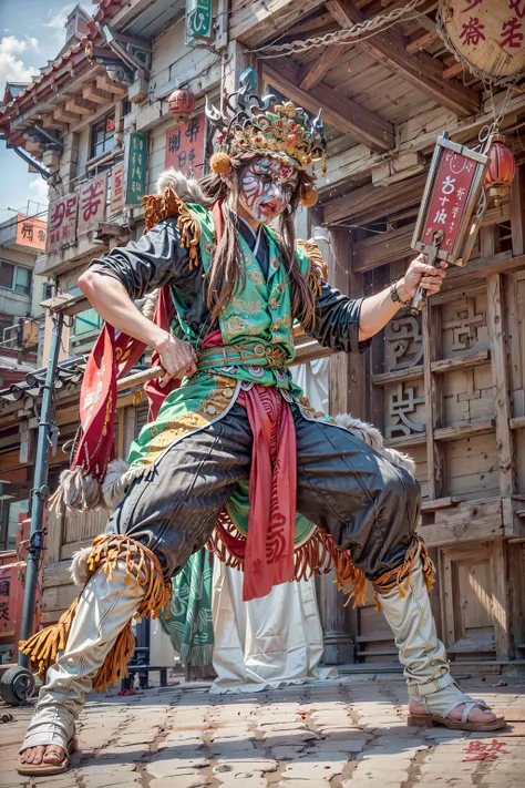 (Highest picture quality), (ultra-detailed), (sharp focus), (close-up), (depth of field:1.3), RAW, realistic, (colorful, vivid colors:1.1), (masterpiece), (best quality), photorealistic, absurdres, (highres), BREAK, ((1boy)), (a chinese man), solo, looking at viewer, 18 years old, (detailed skin, detailed face, detailed intricate iris, nice hands, perfect hands:1.3), (intricate details), (maximum details), (delicate), (hand of Guido Daniele:1.4), BREAK, (beautiful detailed glow:1.2), (cinematic lighting), (rim lighting:1.4), (two tone lighting:1.3), (reflection, refraction:1.2), (Rembrandt lighting:1.4), (Rule of thirds:1.3), (light play, shadow play:1.3), (glamour photography, cinematic, film grai, anime aesthetic), (diffused lighting, bokeh, lens flare, light particles:1.3), (dynamic lighting), ray tracing, volumetric lighting, (dramatic lighting), (explosive light and shadow:1.4), (Dynamic Pose, Dynamic Angle:1.2), (moody lighting), BREAK, twgod, Taiwanese hell police, pauldrons, helmet, holding handcuffs, holding timtoken, timtoken, (holding polearm:1.4), temple, chinese style architecture, (combat pose, angry face, fighting pose, aggressive stance, fangs, roaring, sharp eyes, open mouth:1.3), (soft light passing through hair, light patterns on skin:1.2), (huge muscles, very muscular, thick upper arms:1.1), (stars, milky way, night, starry:1.4), (reflective, shiny:1.2), (building), (ornate Taiwanese temple paifang, taiwanese_temple), (jiufen taiwan:1.3), scenery, (from below:1.3), outdoors, full body, BREAK, (Makeup:1.3), (human anatomy, golden ratio:1.1), BREAK, <lora:GoodHands-beta2:1>, <lora:neg4all_bdsqlsz_V3.5:1>, <lora:epiNoiseoffset_v2-pynoise:2>, <lora:add_detail:0.4>, <lora:more_details:0.4>, <lora:twgod-000012:0.6>, <lora:taiwanese_temple_first-ver:0.5>, <lora:Jiufen:0.5>