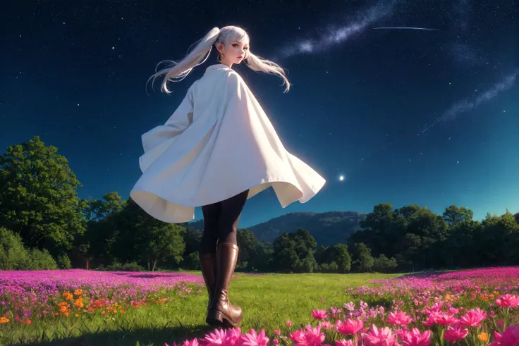 comet fall, blue comet trails, night sky, clear sky, pink flower meadow, light from comets, beauty, horizon, landscape, ultra detailed, blue, black, light, pink, green, grass,
BREAK, ((masterpiece)), (best quality), highres, ultra-detailed,
frieren, 1girl, earrings, elf, long hair, pointy ears, solo, twintails:1.2, green eyes, earrings, white hair, looking at viewer, white capelet, white sleeves, long sleeves, boots, brown footwear, black pantyhose, looking at viewer, from behind
<lora:Frieren:0.8>