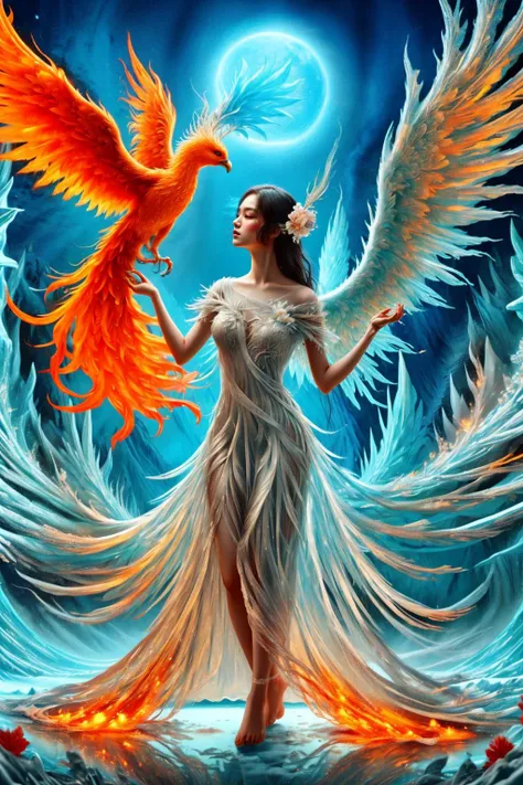 A girl wearing a long dress danced and performed a prayer ritual in front of the Ice God's palace,a giant ice phoenix lurked in the sky,(Phoenix of Sora:1.2),<lora:PhoenixSora:0.6>,
very long hair,sword,wide_shot,<lora:add_detail:0.6>,a rocky cliff,
mythology,fantasy,drama,dreams,detail,(flower:1.2),(ice:1.2),<lora:GPTS4 dreamwave full_478773:0.5>,<lora:GoodHands-beta2:0.9>,<lora:irene_v70:0.6>,<lora:LiquidClothesV1fixed:0.7>,