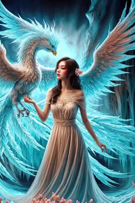A girl wearing a long dress danced and performed a prayer ritual in front of the Ice God's palace,a giant ice phoenix lurked in the sky,(Phoenix of Sora:1.2),<lora:PhoenixSora:0.6>,
very long hair,sword,wide_shot,<lora:add_detail:0.6>,a rocky cliff,
mythology,fantasy,drama,dreams,detail,(flower:1.2),(ice:1.2),<lora:GPTS4 dreamwave full_478773:0.5>,<lora:GoodHands-beta2:0.9>,<lora:irene_v70:0.6>,<lora:LiquidClothesV1fixed:0.7>,
