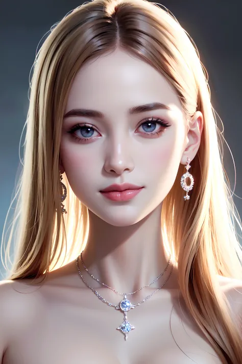 Award winning Face Photo, RAW photo, best quality, hires, masterpiece, photorealistic, professional photography, sharp focus, HDR, 8K resolution, intricate detail, sophisticated detail, depth of field, extremely detailed CG unity 8k wallpaper, cinematic lighting, perfect contrast, perfect saturation, properly adjusted white balance, (extremely close-up face:1.5), (smiling at lens:1.5), beautiful symmetrical eyes, (fabulous feminine makeup), sophisticated light reflection on extremely detailed pupils, (high gloss crimson lips), highly detailed hair, glows soft skin, long eyelashes, double eyelid, (shoulder-baring with necklace and dcolletage), The finest diamond necklace and earing jewelry set from Tiffany & Co.