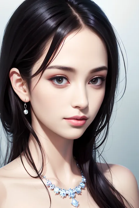 Award winning Face Photo, RAW photo, best quality, hires, masterpiece, photorealistic, professional photography, sharp focus, HDR, 8K resolution, intricate detail, sophisticated detail, depth of field, extremely detailed CG unity 8k wallpaper, cinematic lighting, perfect contrast, perfect saturation, properly adjusted white balance, (extreme close-up of the face:1.3), (smiling at lens:1.3), beautiful symmetrical face, fabulous feminine makeup, sophisticated light reflection on extremely detailed pupils, highly gloss crimson lips, highly detailed hair, glows soft skin, long eyelashes, double eyelid, bare shoulder, Kpop idol, The finest diamond necklace and earing jewelry set from Tiffany & Co.