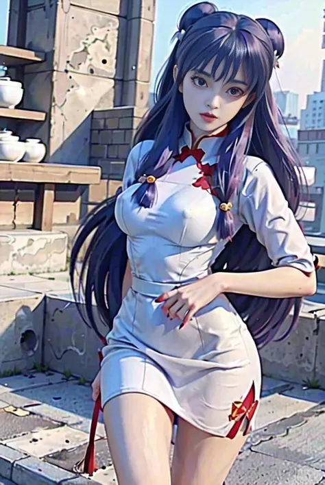 best quality, ultra high res, 8k wallpaper, Amazing, finely detail, incredibly absurdres, huge filesize , ultra-detailed, highres, extremely detailed, (8k, best quality, masterpiece:1.2), (realistic, photo-realistic:1.37)
upper body shot,
front lighting, light on face, perfect lighting, outdoors, street,
(detailed beautiful girl:1.4),1 girl, extremely detailed eyes and face, beautiful face, beautiful detailed eyes, slim waist, detail fingers, big eyes,
<lora:ShanpuuRanma:.3><lora:shampoo_character (1):.5> <lora:cuteGirlMix4_v10:.5><lora:3dCGStyleRealistic_v10:.8>, Shampoo, Ranma, ((small_breasts:1)), hair_bell, ((red_china_dress:1.2)), Purple hair, very_long_hair, double_bun,((sidelocks:1.5)), blunt_bangs, Purple eyes, red eye shadow,
<lora:pureInnocentGirl_v20:.3> <lora:realisticLuxuryDress_v10:.1>
