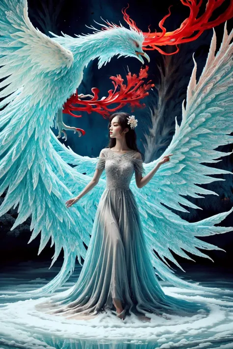 A girl wearing a long dress danced and performed a prayer ritual in front of the Ice God's palace,a giant ice phoenix lurked in the sky,(Phoenix of Sora:1.2),<lora:PhoenixSora:0.6>,
very long hair,sword,wide_shot,<lora:add_detail:0.6>,a rocky cliff,
mythology,fantasy,drama,dreams,detail,(flower:1.2),(ice:1.2),<lora:GPTS4 dreamwave full_478773:0.5>,<lora:GoodHands-beta2:0.9>,<lora:irene_v70:0.6>,style-sylvamagic,<lora:LiquidClothesV1fixed:0.7>,