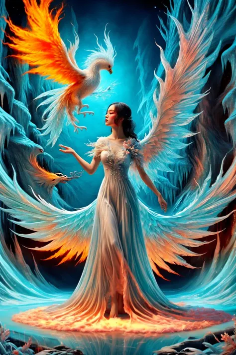 A girl wearing a long dress danced and performed a prayer ritual in front of the Ice God's palace,a giant ice phoenix lurked in the sky,(Phoenix of Sora:1.2),<lora:PhoenixSora:0.6>,
very long hair,sword,wide_shot,<lora:add_detail:0.6>,a rocky cliff,
mythology,fantasy,drama,dreams,detail,(flower:1.2),(ice:1.2),<lora:GPTS4 dreamwave full_478773:0.5>,<lora:GoodHands-beta2:0.9>,<lora:irene_v70:0.6>,<lora:LiquidClothesV1fixed:0.7>,
