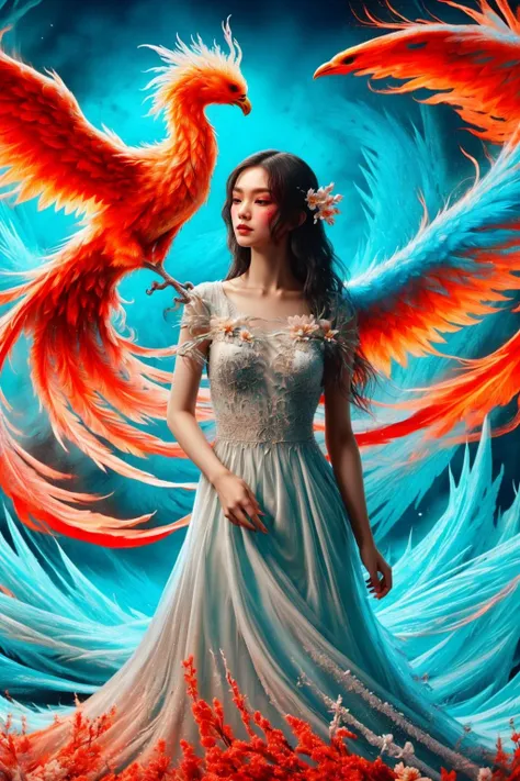 A girl wearing a long dress danced and performed a prayer ritual in front of the Ice God's palace,a giant ice phoenix lurked in the sky,(Phoenix of Sora:1.2),<lora:PhoenixSora:0.6>,
very long hair,sword,wide_shot,<lora:add_detail:0.6>,a rocky cliff,
mythology,fantasy,drama,dreams,detail,(flower:1.2),(ice:1.2),<lora:GPTS4 dreamwave full_478773:0.5>,<lora:GoodHands-beta2:0.9>,<lora:irene_v70:0.6>,style-sylvamagic,<lora:LiquidClothesV1fixed:0.7>,