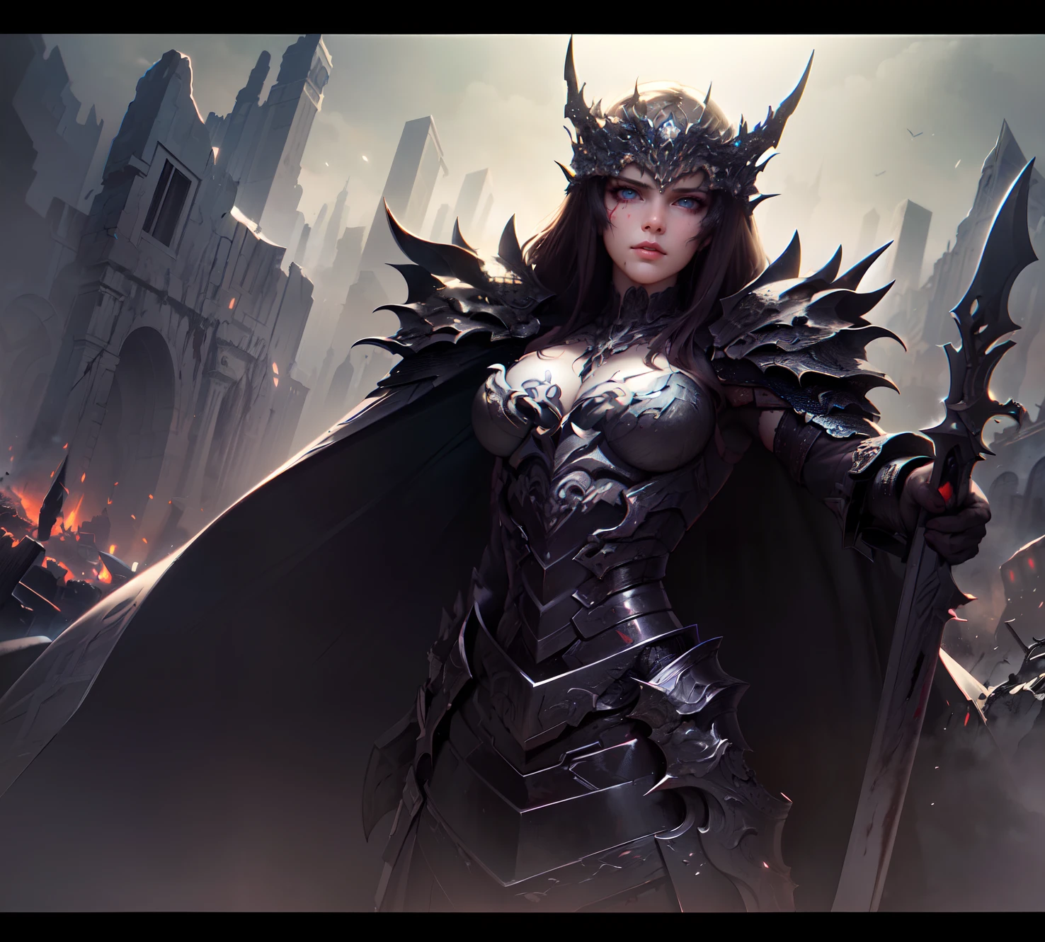 (extremely detailed CG unity 8k wallpaper), (masterpiece), (best quality:1.2), (highres), (illustration:1.1), (cinematic light:1.1), finely detailed, intricate details, (best illustration), 8k resolution, intricate details, best quality, realistic, ultra-detailed, best illumination, best shadow, ultra-HD, cryengine, ultra hd, (detailed reflection), detailed shadows, (((intricate details))), smooth, ((perfect shading)), high quality metal texture, metallic luster, highly detailed illustration, (semi realistic:1.6), (wide_shot:1.2), (from below, dutch_angle), (letterboxed), dutch angle, (finely detailed face and beautiful eyes:1.4)>, battle arena, corrupt,( sexy young masochistic hard face:1.3), messy long hair, intricate detailed laminar armor armored, long sword, narrow waist, armored, sword queen, (Cape cloak robe:1.1), 1 character, corrupt, extreme, detailed, cuty, gore, grotesk, dynamic angle, battle stance, shadow exposure, sharp details, corrupted, finely, complicated background, dynamic camera angle, blood rain behind, (warzone), (((high quality detailed ruins))), (depth of field), ((cinematic lighting)), ((horror)), ((dark fantasy)), lovecraftian, spot color, monotone, red, splashing blood, (best illumination), (hyper intricate details), ((ultra-detailed)), 4k unity, (extremely detailed CG:1.2), (8k:1.1), ((landscape view)), Artstation, ((by sui ishida, by Wenjun Lin, by stefan morrell)), dystopian art, apocalypse art, ((semi-realistic)), (realism), (dynamic), <lora:nijiJellyStyle_v10:0.4>, (nixeu_basic2:0.5)