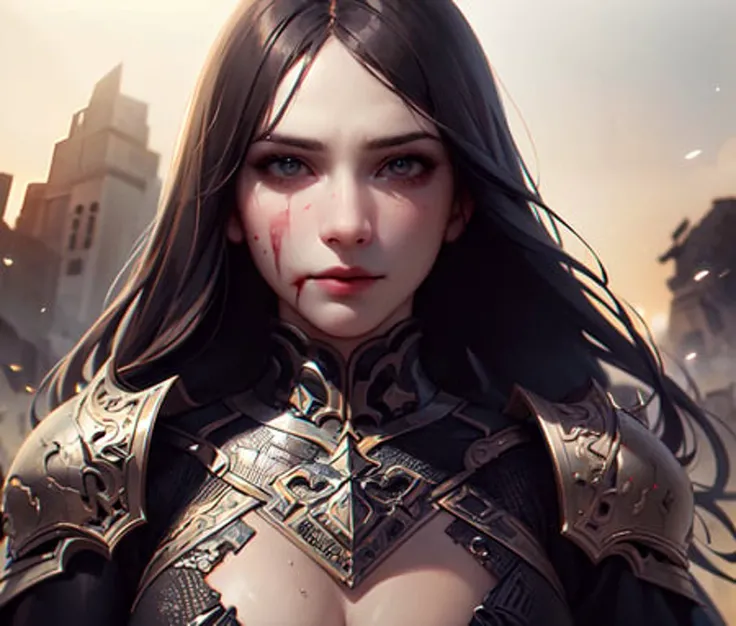 (extremely detailed CG unity 8k wallpaper), (masterpiece), (best quality:1.2), (highres), (illustration:1.1), (cinematic light:1.1), finely detailed, intricate details, (best illustration), 8k resolution, intricate details, best quality, realistic, ultra-detailed, best illumination, best shadow, ultra-HD, cryengine, ultra hd, (detailed reflection), detailed shadows, (((intricate details))), smooth, ((perfect shading)), high quality metal texture, metallic luster, highly detailed illustration, (semi realistic:1.6), (wide_shot:1.2), (from below, dutch_angle), (letterboxed), dutch angle, (finely detailed face and beautiful eyes:1.4)>, battle arena, corrupt,( sexy young masochistic hard face:1.3), messy long hair, intricate detailed laminar armor armored, long sword, narrow waist, armored, sword queen, (Cape cloak robe:1.1), 1 character, corrupt, extreme, detailed, cuty, gore, grotesk, dynamic angle, battle stance, shadow exposure, sharp details, corrupted, finely, complicated background, dynamic camera angle, blood rain behind, (warzone), (((high quality detailed ruins))), (depth of field), ((cinematic lighting)), ((horror)), ((dark fantasy)), lovecraftian, spot color, monotone, red, splashing blood, (best illumination), (hyper intricate details), ((ultra-detailed)), 4k unity, (extremely detailed CG:1.2), (8k:1.1), ((landscape view)), Artstation, ((by sui ishida, by Wenjun Lin, by stefan morrell)), dystopian art, apocalypse art, ((semi-realistic)), (realism), (dynamic), <lora:nijiJellyStyle_v10:0.4>, (nixeu_basic2:0.5)