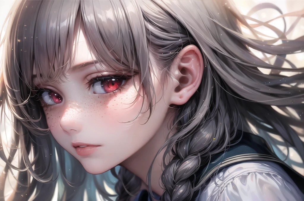 masterpiece, best quality, hyperrealistic,
1girl, french, medium closeup portrait, freckled face,
beautiful detailed eyes, perfect face, beautiful detailed face, leaning forward,
photo fine print, amazing sharp focus, ultra detailed, soft skin,
braided hair, silver hair,
red eyes,
colorful school uniform,
sun flare, ethereal atmosphere, elaborate background,
<hypernet:sxzBloom_sxzBloom:0.3>