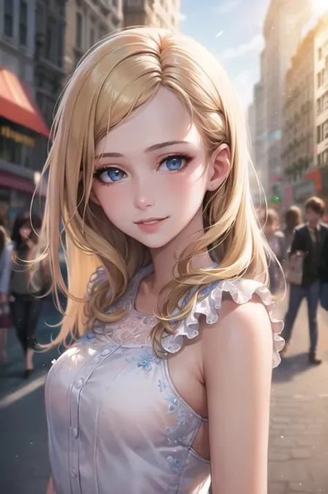 masterpiece, best quality, hyperrealistic,
1girl, ukrainian, upper body, 
beautiful detailed eyes, perfect face, beautiful detailed face,  walking,
photo fine print, amazing sharp focus, ultra detailed, soft skin,
long hair, blonde hair,
blue eyes,
translucent frilled sleeveless dress,
light smile, sun flare, moaning,    city,
 <hypernet:sxzBloom_sxzBloom:0.3>