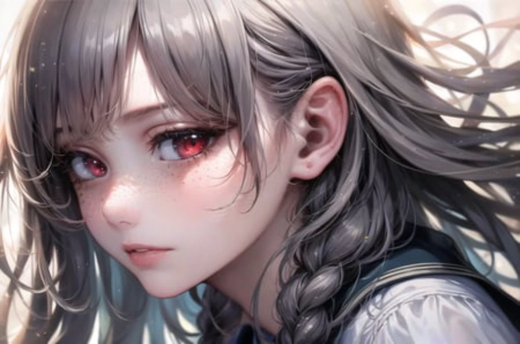masterpiece, best quality, hyperrealistic,
1girl, french, medium closeup portrait, freckled face,
beautiful detailed eyes, perfect face, beautiful detailed face, leaning forward,
photo fine print, amazing sharp focus, ultra detailed, soft skin,
braided hair, silver hair,
red eyes,
colorful school uniform,
sun flare, ethereal atmosphere, elaborate background,
<hypernet:sxzBloom_sxzBloom:0.3>
