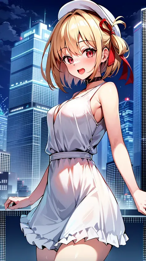 ((masterpiece, best quality, absurdres)), 1girl, chisato, white one piece dress, city skyline, night time, hat,