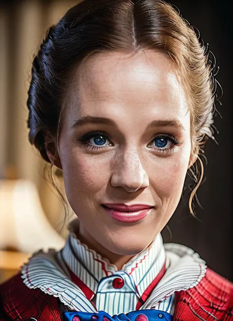 portrait of skswoman, happy , she is dressed with Mary Poppins cosplay, epic (photo, studio lighting, hard light, sony a7, 50 mm, matte skin, pores, colors, hyperdetailed, hyperrealistic), <lyco:Julie AndrewsV2:1.2>