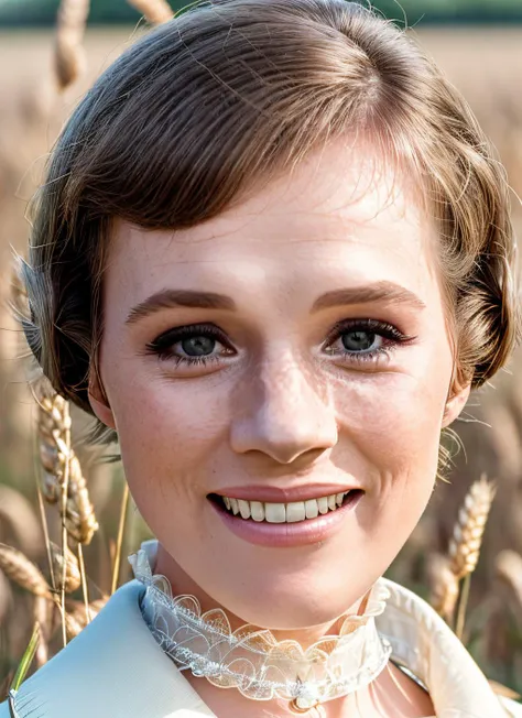 portrait of skswoman, smile , wearing formal wear , with ash brown Bob , background field of wheat epic (photo, studio lighting, hard light, sony a7, 50 mm, matte skin, pores, colors, hyperdetailed, hyperrealistic), <lyco:Julie AndrewsV2:1.2>