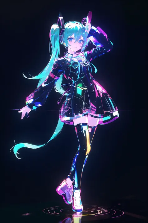 high quality, masterpiece,hatsune_miku , <lora:shineglasscd-000027:1>, (shineglasscd, neon lights, light particles, colorful:1.3, gradient, chromatic aberration) , long hair, (solo:1.2),    full body,(dark background, lens flare, blurry),reflection,glass,ray tracing,(smile:.8),<lora:test004_1:.3>