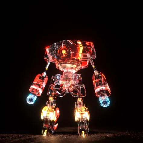 a (shineglasscd, neon lights, light particles, colorful:1.3, gradient, chromatic aberration) (cut:1.3) mini robot, standing, (solo:1.2), <lora:shineglasscd-000027:0.8>, no humans, high quality, masterpiece, realistic, photorealistic, (dark background, lens flare, blurry, dof, full body)