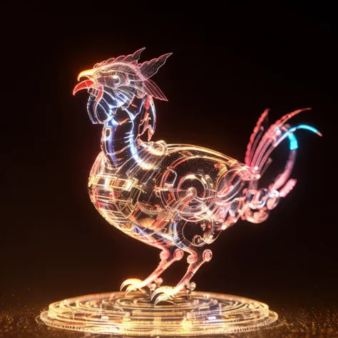 a (shineglasscd, neon lights, light particles, colorful:1.3, gradient, chromatic aberration) mechanical rooster, standing, (solo:1.2), <lora:shineglasscd-000026:0.9>, no humans, high quality, masterpiece, realistic, photorealistic, (dark background, lens flare, blurry, dof, full body)