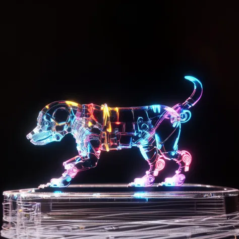 a (shineglasscd, neon lights, light particles, colorful:1.3, gradient, chromatic aberration) mechanical dog, standing, (solo:1.2), <lora:shineglasscd-000027:0.9>, no humans, high quality, masterpiece, realistic, photorealistic, (dark background, lens flare, blurry, dof, full body)