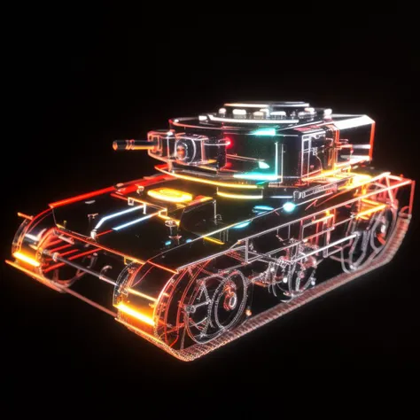 a (shineglasscd, neon lights, light particles, colorful:1.3, gradient, chromatic aberration) tank, armored tank, (solo:1.2), <lora:shineglasscd-000026:0.7>, no humans, high quality, masterpiece, realistic, photorealistic, (dark background, lens flare, blurry, dof, full body)
