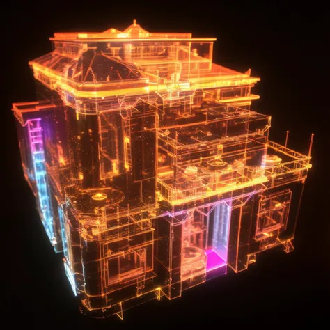 a (shineglasscd, neon lights, light particles, colorful:1.3, gradient, chromatic aberration) villa, building model, (solo:1.2), <lora:shineglasscd-000026:0.6>, no humans, high quality, masterpiece, realistic, photorealistic, (dark background, lens flare, blurry, dof, full body, from above)