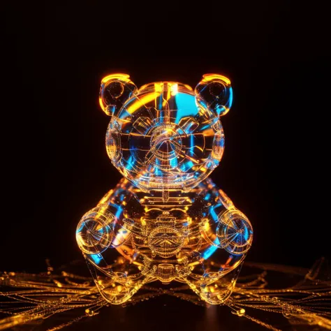 a (shineglasscd, neon lights, light particles, colorful:1.3, gradient, chromatic aberration) bear, sitting, (solo:1.2), <lora:shineglasscd-000027:0.9>, no humans, high quality, masterpiece, realistic, photorealistic, (dark background, lens flare, blurry, dof, full body)