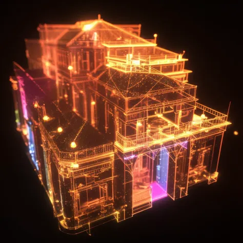 a (shineglasscd, neon lights, light particles, colorful:1.3, gradient, chromatic aberration) villa, building model, (solo:1.2), <lora:shineglasscd-000027:0.6>, no humans, high quality, masterpiece, realistic, photorealistic, (dark background, lens flare, blurry, dof, full body, from above)