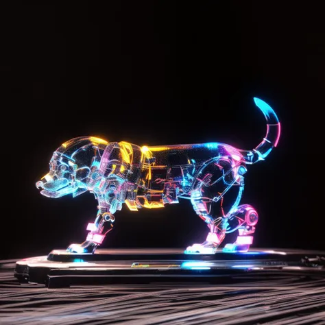 a (shineglasscd, neon lights, light particles, colorful:1.3, gradient, chromatic aberration) mechanical dog, standing, (solo:1.2), <lora:shineglasscd-000026:0.9>, no humans, high quality, masterpiece, realistic, photorealistic, (dark background, lens flare, blurry, dof, full body)