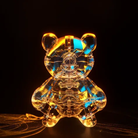 a (shineglasscd, neon lights, light particles, colorful:1.3, gradient, chromatic aberration) bear, sitting, (solo:1.2), <lora:shineglasscd-000026:0.9>, no humans, high quality, masterpiece, realistic, photorealistic, (dark background, lens flare, blurry, dof, full body)