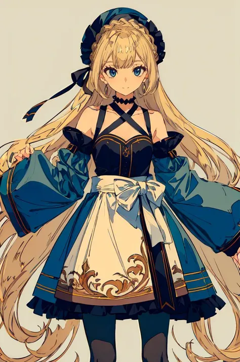 ultra detailed, masterpiece, best quality, solo, soft smile, light smile,
1girl, blue eyes, very long hair, blonde hair, long blonde hair, french braid, bangs, medium breasts,
hair ribbon, frilled choker, criss-cross halter, sleeveless dress, high-waist skirt, backless dress, waist bow, detached sleeves, frilled sleeves, wide sleeves, pantyhose, patterned legwear, mary janes, <lora:BARD713V71:1>
