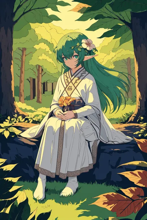 (masterpiece,best quality,illustration,official art:1.05),(tachi-e:1.12),full body,sitting,looking at viewer,solo,1girl,elf girl,long hair,green hair,[green|blue] eyes,dress,white hair flower,hair ornament,(8),(chiind,leaf,tree,forest, <lora:BARD713V3:1>