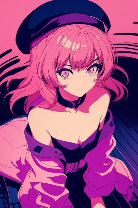 1 synth wave style girl, extremely detailed CG ,(masterpiece), (flat color:1.5), (best quality), (limited palette) , pink fluorescent paint, , noline art, silhouette, partially colored, (alternate color):1.4, dynamic angle, (pink, dark violet):1.3, dark violet shadow, (synth wave), (chromatic aberration) , (((thick) outline)), pink outline, (solo focus), pink neon lights, perfect shadow, cowboy shot, blank stare, beret, bowknot on beret, flat chest, wearing an off- shoulder floating jacket, short wavy delicate hair, blank stare, delicate face, bare shoulder, sitting on the top of the building, beautiful and delicate eyes, (1 girl):1.5, solo, from above, delicate background, streets with neon lights <lora:BARD713V3:1>