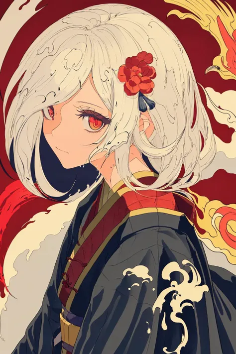 (masterpiece), (best quality),(illustration), looking at viewer,colorful,from side,((chinese colorful ink)),flat color,(phoenix:1.5,bird:1.3),sunset, standing on a building,
(1girl:1.2),detailed long white hair + red eyes,detailed face,full body, (white hair:1.4), (mole under eye:0.9), squinting,eyeshadow, hair ornament, small breasts,((kimono)), cold face,long floating hair,,hair over one eye\\,
(portrait),((ink splashing)),((chinese colorful ink)), ((Chinese color ink painting style))
upper body,(white hair +red eyes),(cute face:0.95),(detailed beautiful face:0.95),colorful painting,
(Floating),(Amazing),(Absurd),((sharp focus)), ((extremely detailed)), ((high saturation)),((surrounded by color ink splashes)),((extremely detailed body)),((colorful)) <lora:BARD713V3:1>