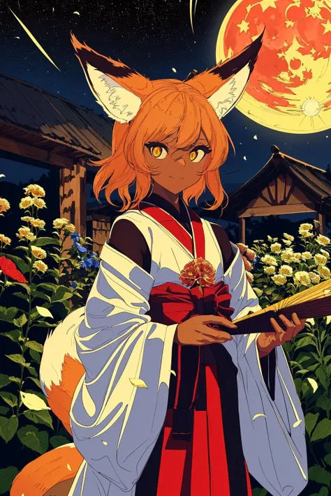 (masterpiece, best quality, ultra-detailed:1.3), (beautiful Background,detailed background, unity 8k wallpaper1.2), fantasy art, beautiful detailed glow,best illuminate, (sense of depth1.2), beautiful detailed yellow eyes, (dark skin:1.4), 1 girl, (child:1.3), (Fox ears, fox tail:1.1), (happy:1.3), beautiful detailed hair, (off-shoulder, shrine maiden clothes, folding fan:1.1), cinematic.(flower garden, night, starry sky:1.3),(moon:1.2), (flowers petals:1.4), <lora:BARD713V3:1>