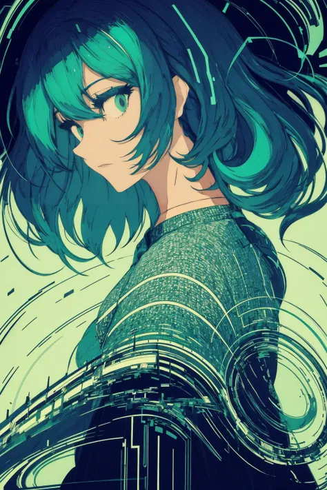 masterpiece, hyper detailed, best quality, extreme detailed, illustration, Delicate Composition, cowboy shot,
fussion of abstract and glitch art, (dynamic angle:1.1), 1 girl, (head tilt:0.6),solo, iridescent hair, flat chest, (blouse:1.0), (double exposure:1.0), glitch hair, fussion of glitch and hair,
simple background, light background,
by peter wileman, by Alphonse Mucha, <lora:BARD713V3:1>